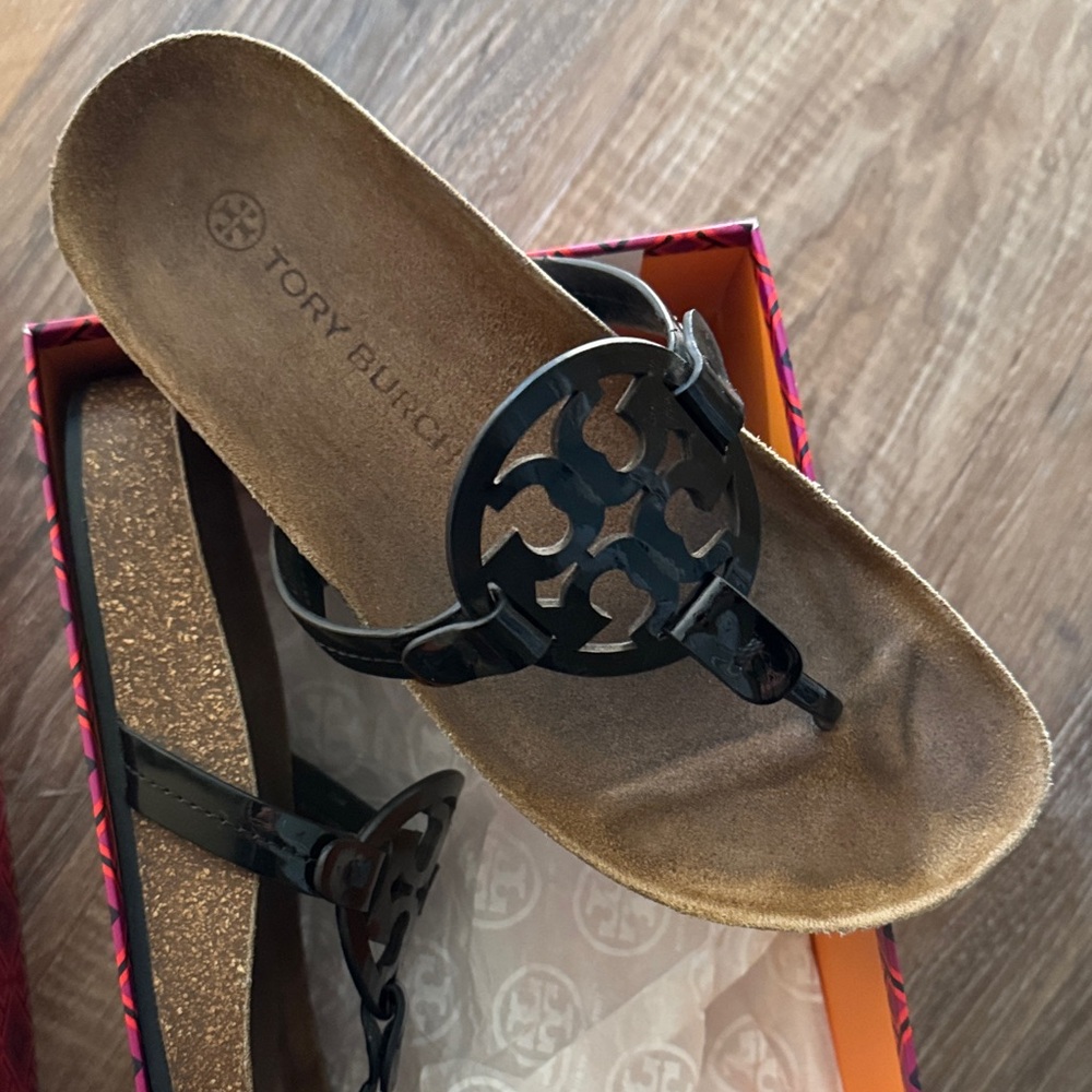 Tory Burch Miller Cloud Black Patent Sandals - Picture 4 of 6